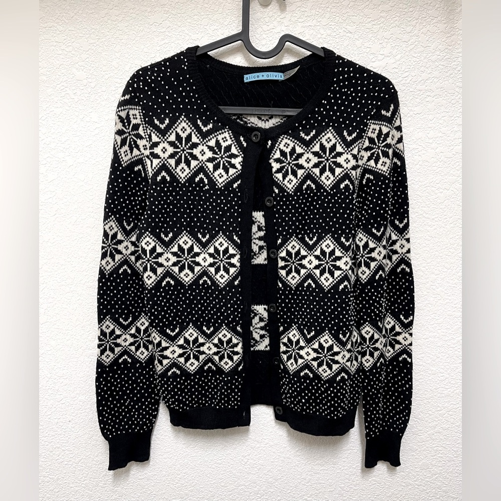 ALICE + OLIVIA SNOW JACQUARD BEADS CARDIGAN WOOL KNIT TOP SWEATER SIZE SP